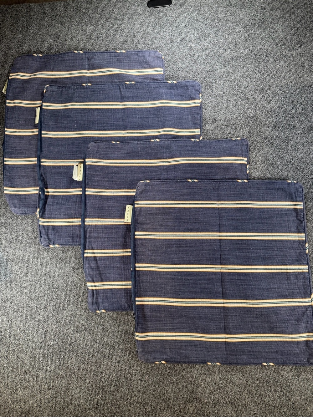 (4) Pottery Barn Navy Striped Pillow Cases Cream and Tan Accents - 18”x 18”